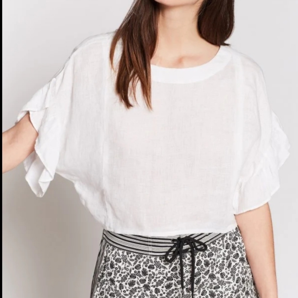 Anthropologie Joie Febronia Ruffle Sleeve Linen Crop Top Porcelain Oversized Xs